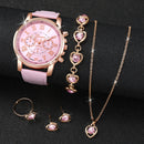 5PCS/Set Fashion Women Watch Rhinestone Heart Jewelry Set Geneva Watch Casual Leather Band Quartz Wristwatch(Without Box)