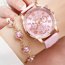 5PCS/Set Fashion Women Watch Rhinestone Heart Jewelry Set Geneva Watch Casual Leather Band Quartz Wristwatch(Without Box)