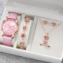 5PCS/Set Fashion Women Watch Rhinestone Heart Jewelry Set Geneva Watch Casual Leather Band Quartz Wristwatch(Without Box)