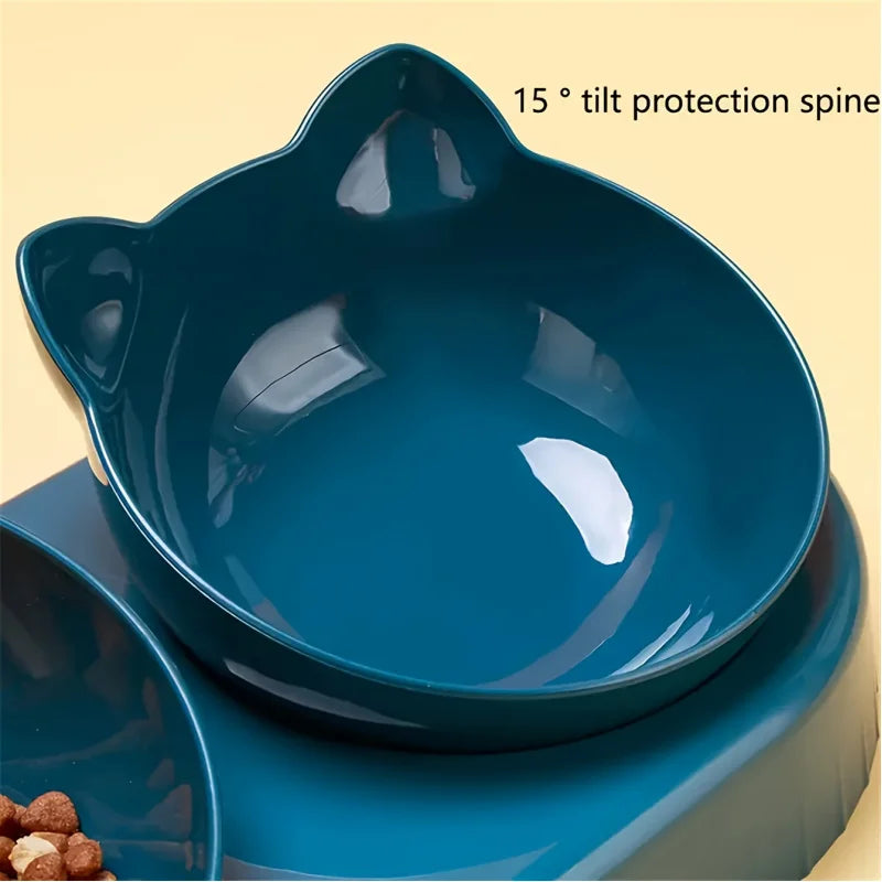 Three In One Cat Feeding Station, Durable Plastic Food And Water Bowls, Cute Cat Ear Design, Suitable For Two Cats To Eat