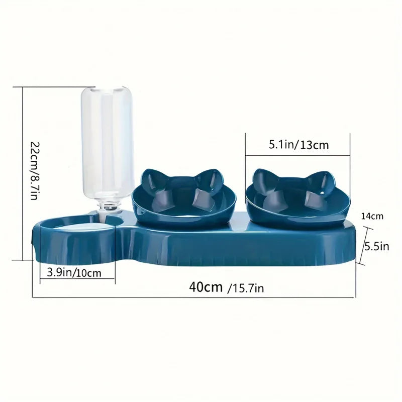 Three In One Cat Feeding Station, Durable Plastic Food And Water Bowls, Cute Cat Ear Design, Suitable For Two Cats To Eat
