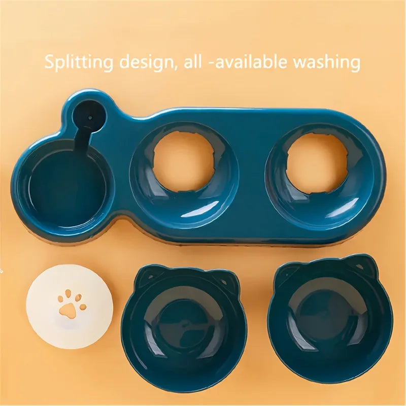 Three In One Cat Feeding Station, Durable Plastic Food And Water Bowls, Cute Cat Ear Design, Suitable For Two Cats To Eat