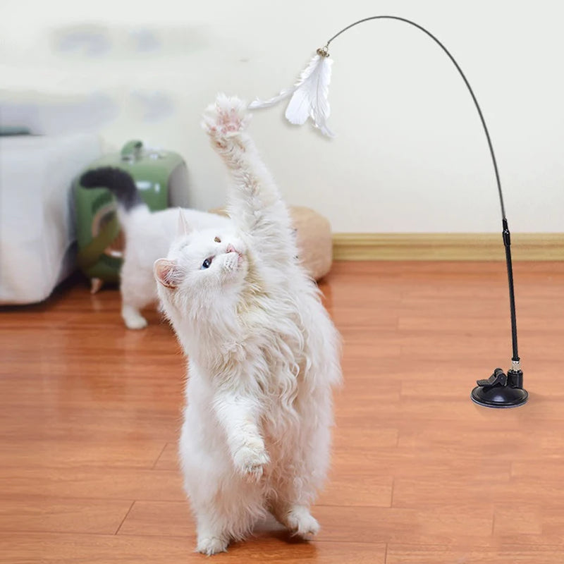 New Cat Toy Feather Stick Interactive Toy Super Suction Kitten Toy Cup Removable 2 Feather Replacement Cat Accessories