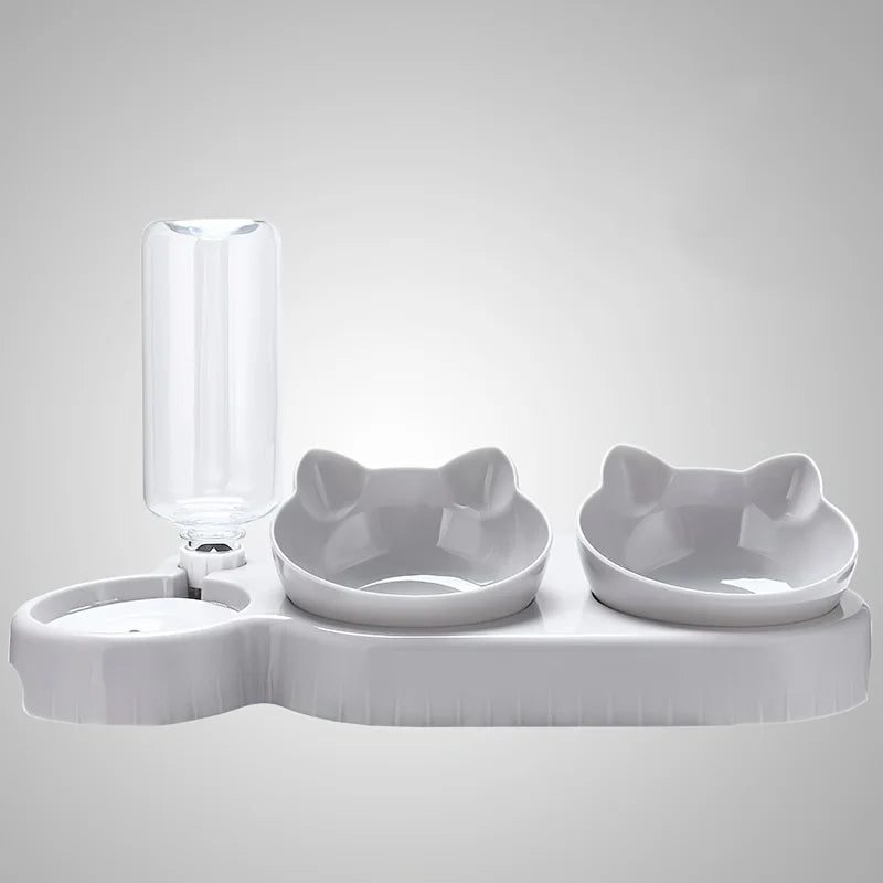 Three In One Cat Feeding Station, Durable Plastic Food And Water Bowls, Cute Cat Ear Design, Suitable For Two Cats To Eat